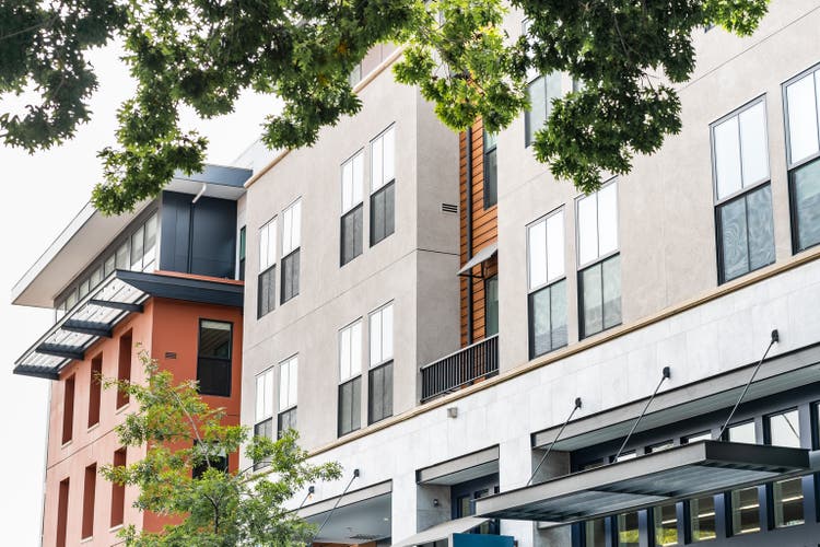 Exterior view of multifamily residential building; Mountain View, San Francisco bay area, California