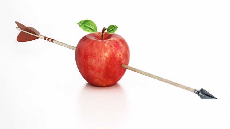 Red apple pierced with and arrow. 3D rendering