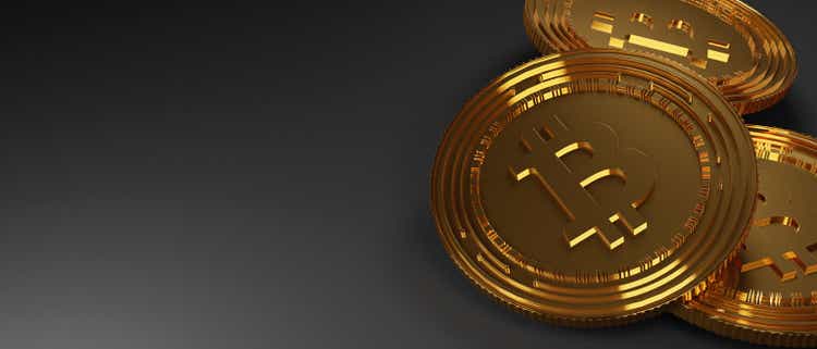 Bitcoin Cryptocurrency represented as Gold Coins. Concept Banking Background. Empty Banner Background Copyspace 3D Render.