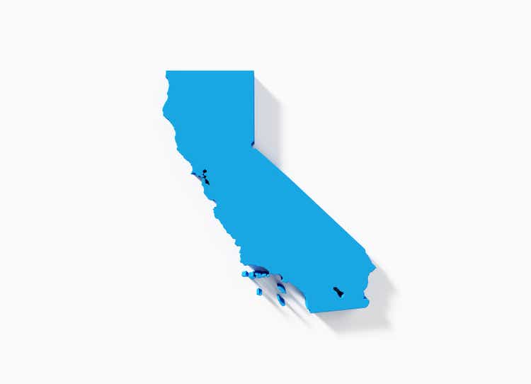Extruded Physical Map Of California State On White Background