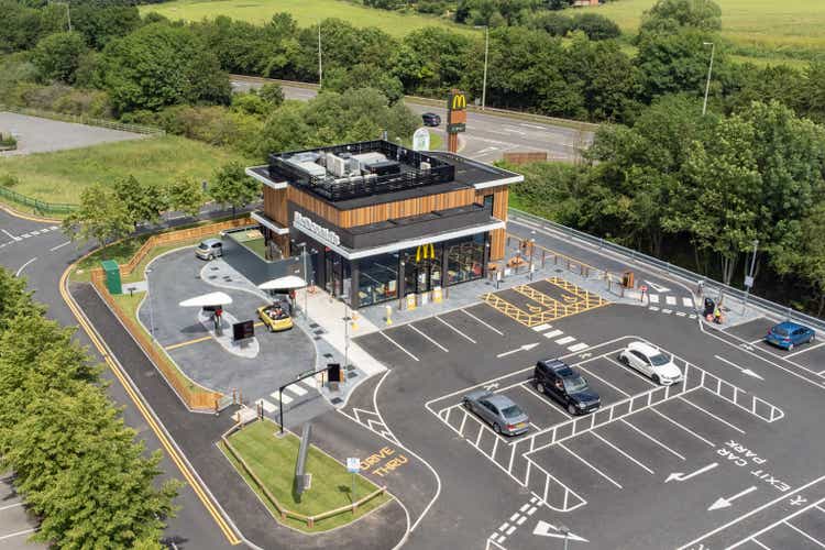 Aerial view of new McDonald"s restaurant, England, UK