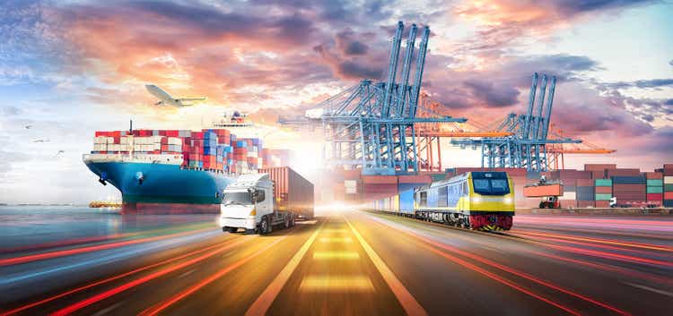 Logistics transportation import export and container cargo cargo ship, freight train, cargo plane, container truck on highway at industrial port dock yard background, handler, global business