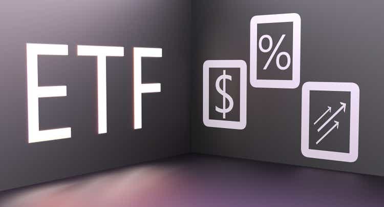 ETF concept with percent, dollar and growth arrow icons. ETF structure index fund. 3D render illustration.