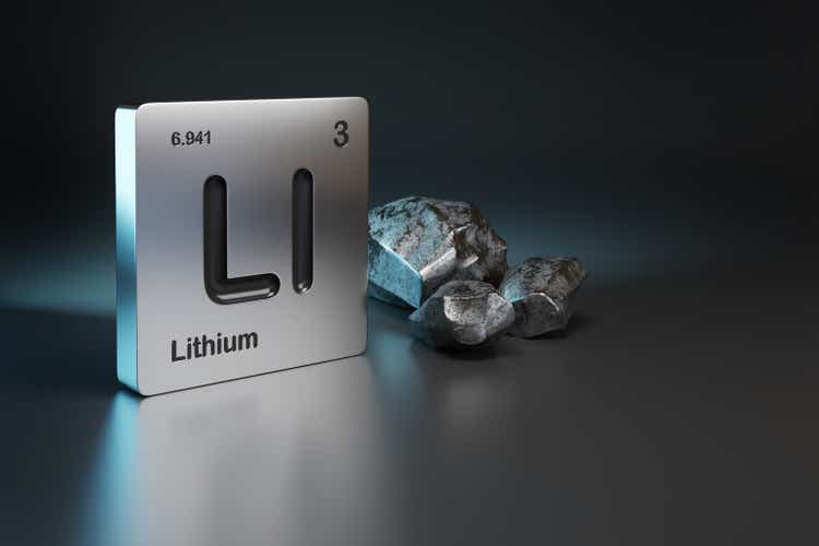 Lithium-Element-Symbol aus dem Periodensystem in der Nähe von metallischem Lithium mit Kopierraum. 3D-Illustration.