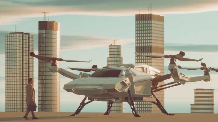 Ready for take off with eVTOL in the middle of a city