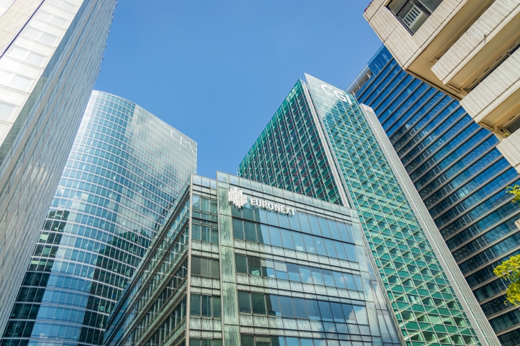 Euronext building and other skyscrapers of La Defense in Paris, France