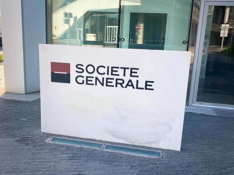 Entrance of Societe Generale headquarters tower in La Defense in Paris, France