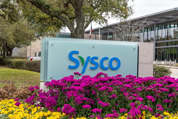 Sysco's sign at its headquarters in Houston, Texas, USA.