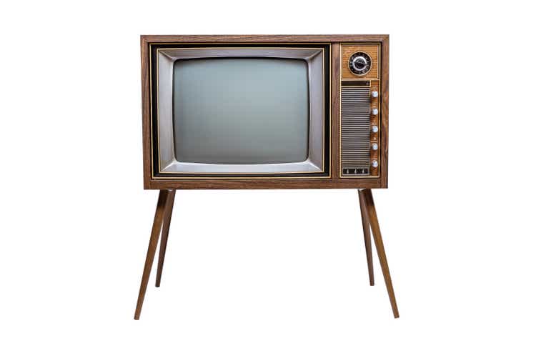 Retro old television with clipping path isolated on white background. TV standing and blank screen, antique, technology