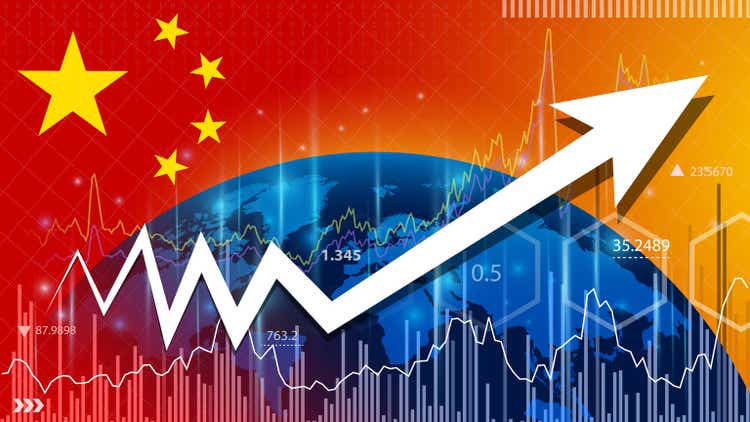 Economic Growth in China. Economic Forecast for the China Economy. Up arrow in the chart against the background of the China flag.