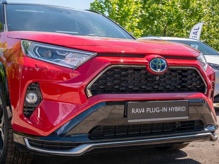 Close up detail with the front hood bar of the new Toyota RAV4 Plug-in-Hybrid car