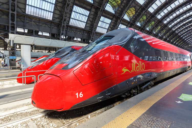 Italo ETR 675 Pendolino high-speed trains of Nuovo Trasporto Viaggiatori NTV in Milano Centrale railway station in Milan, Italy