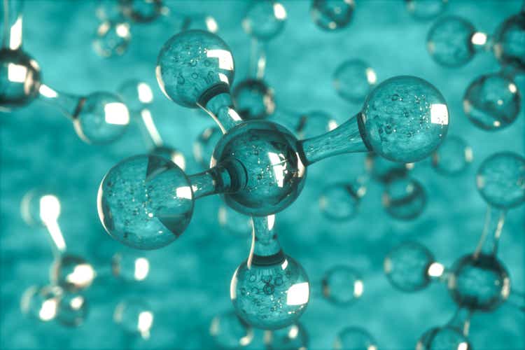 Transparent molecule shape on green color background