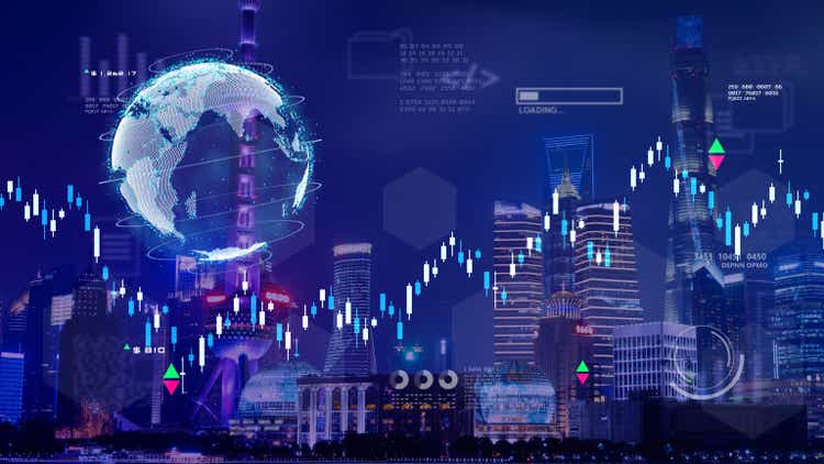 Stock exchange market blockchain, digital money, crypto currency GDP data analytics graph chart, finance business investment data with business district city building background