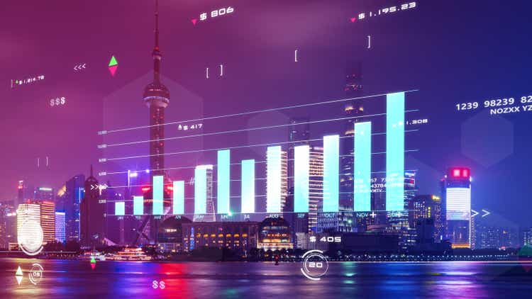 Stock exchange market blockchain, digital money, crypto currency GDP data analytics graph chart, finance business investment data with business district city building background