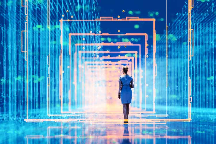 Businesswoman holding file folder in futuristic VR environment