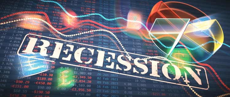 Recession infographics on financial figures spreadsheet table with abstract pie chart and blurred motion currency symbols.