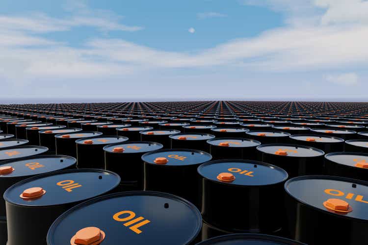 Million barrels of crude oil barrels, fossil fuel and gasoline in container under clear sky.  3D rendering