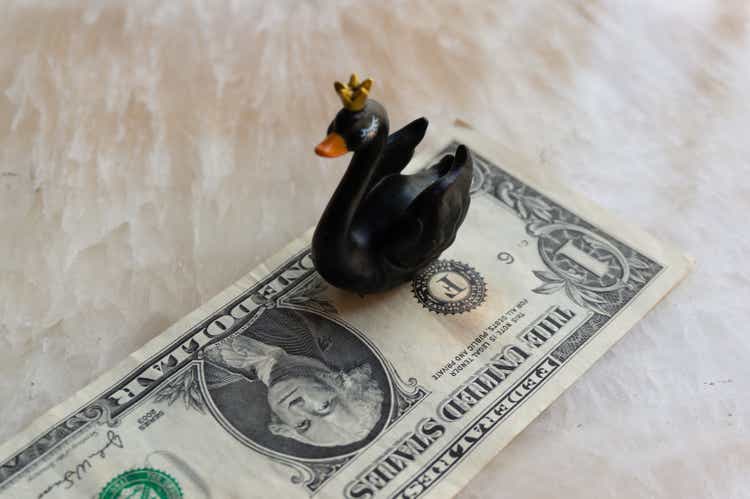 A black swan is placed on a dollar note. An allusion to the Black Swan event. Financial crisis, economic collapse, stock market crash, rare international events.unexpected event.market moves.