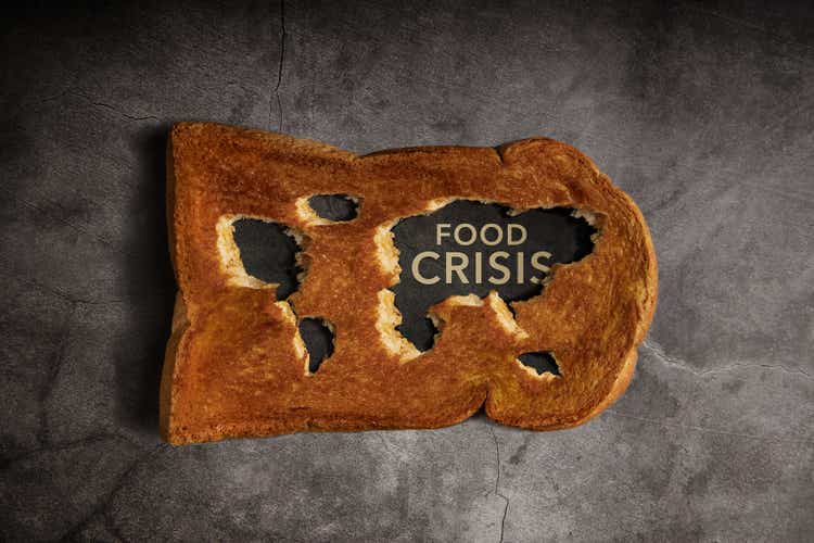 Food Shortage, World Food Crisis Concepts. Inflation, Fuel Price and Environmental Impact. Global Issues in Agricultural Food Production and Climate Change. Bread as World Map. Top View
