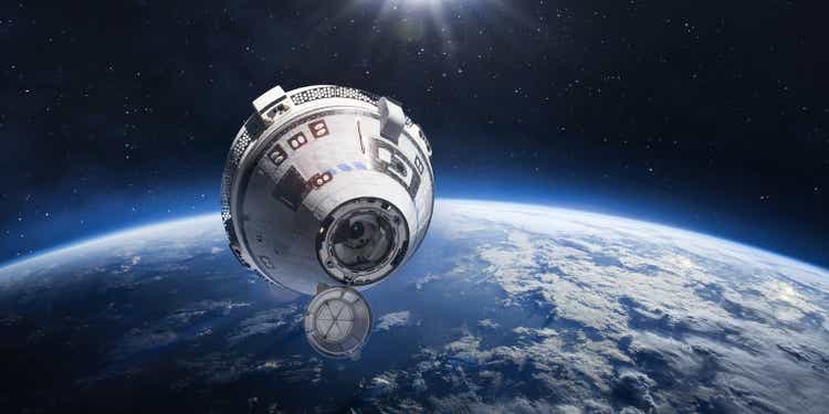 Starliner spaceship in space. Crew Space Transportation on orbit of Earth. Expedition to International space station. Elements of this image furnished by NASA