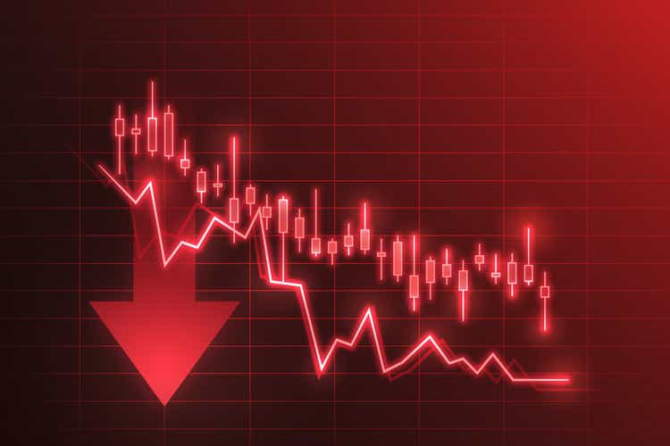 Financial crisis stock chart business on economy market background with down diagram money exchange finance graph or loss global investment trade analysis recession and fall sales price crash risk.