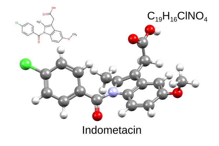 Chemical formula, skeletal formula, and 3D ball-and-stick model of the nonsteroidal anti-inflammatory drug indometacin, white background