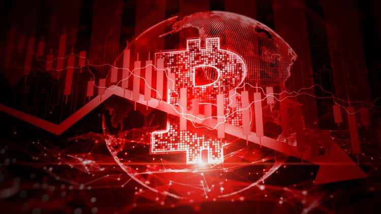 Bitcoin en recesión crisis del mercado global stock precio rojo caída flecha abajo gráfico caída, pérdida de dinero en movimiento inflación económica deflación pérdida de inversión caída, representación 3d