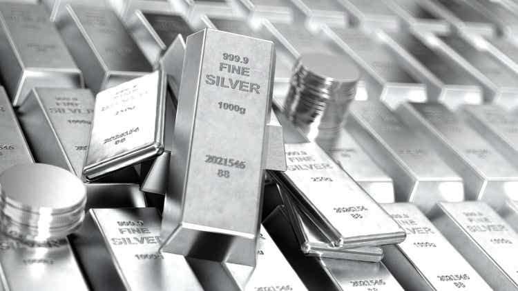 Stack of Shiny Silver Bars Ingots and Coins