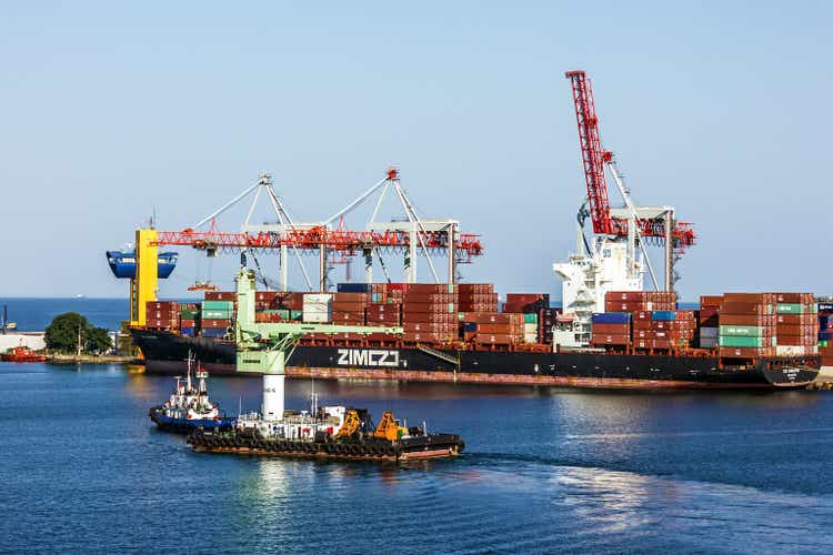 Container ship in Odessa sea commercial port, Ukraine.