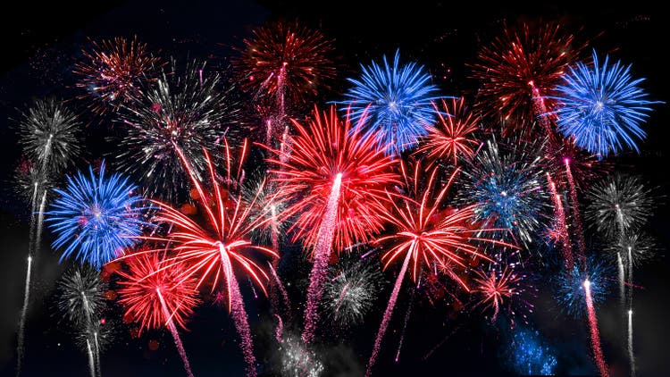 USA america united states new year or Independence Day celebration holiday background greeting card - Blue red white firework on dark night sky