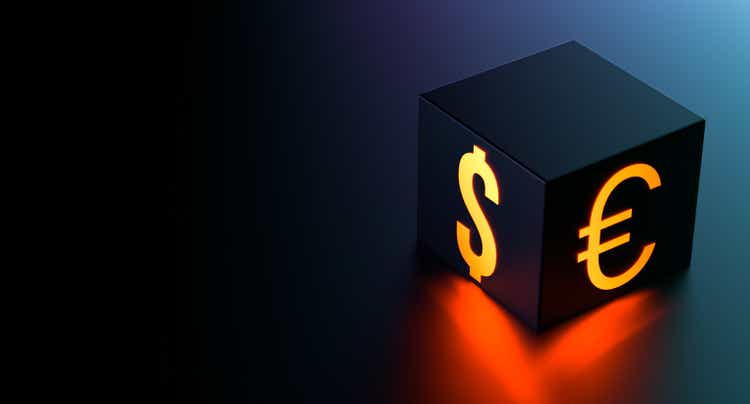 DOLLAR and EURO sign with neon illumination on a cube on a dark background for text. Euro and dollar symbols abstract design with place for text.3D render.