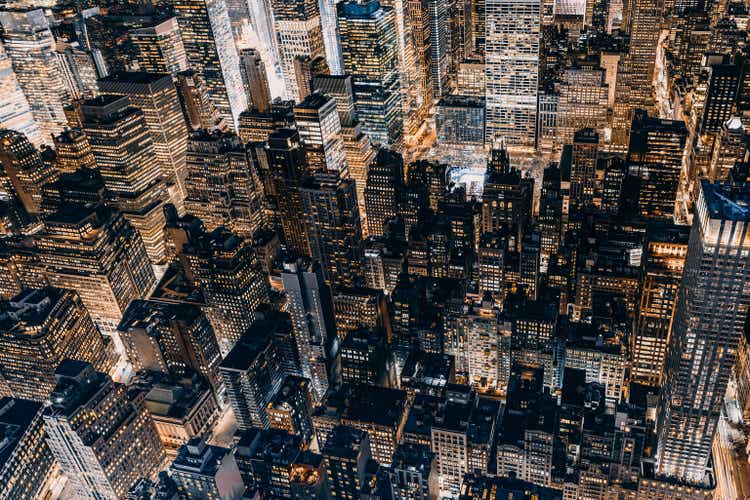 Aerial view of Manhattan at night/New York City