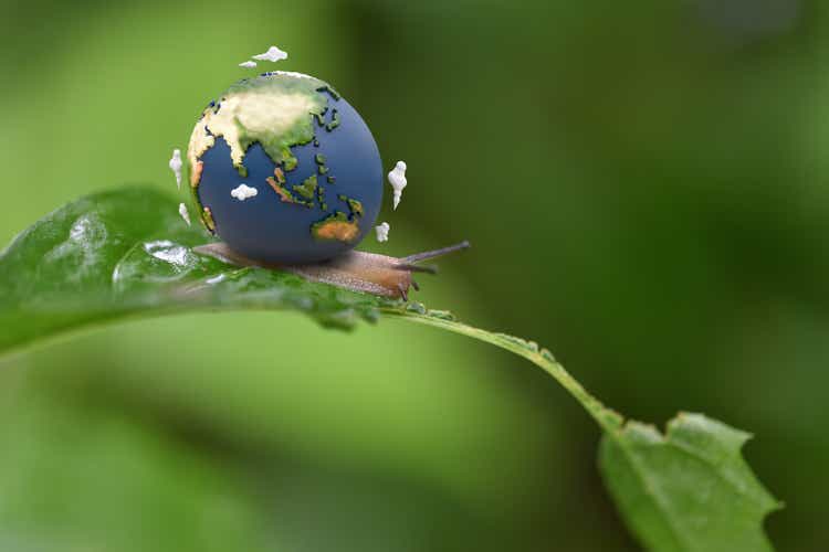 3d illustration of snail with Planet Earth shell. The global economy heading for recession.