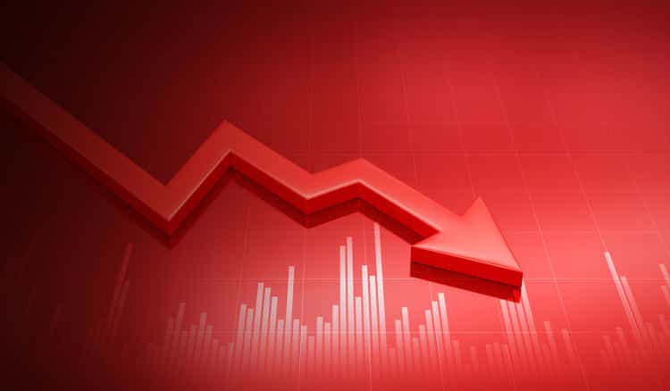 Financial crisis down 3d red arrow economy business graph on money crash market background with bankruptcy decrease bad finance chart diagram or loss investment economic recession sales and low price.
