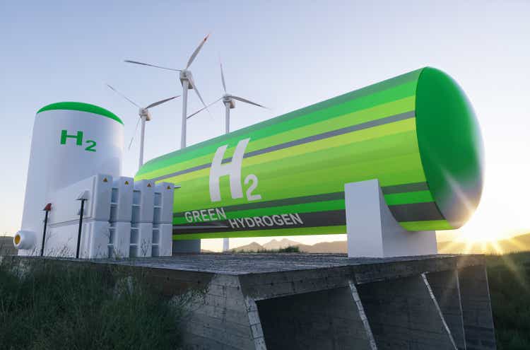 Green Hydrogen renewable energy production facility - grünes Wasserstoffgas für sauberen Strom Solar- und Windturbinenanlage