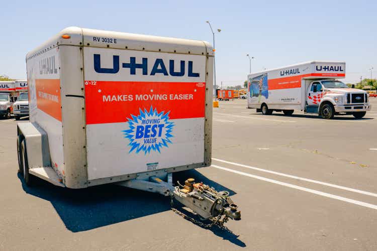 U-Haul moving van garage and parking lot in Santa Maria, California. U-Haul company offers moving and storage solutions.