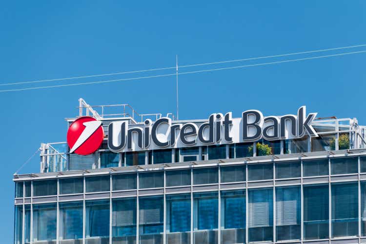 Logo and sign of UniCredit, international banking group headquartered in Milan.