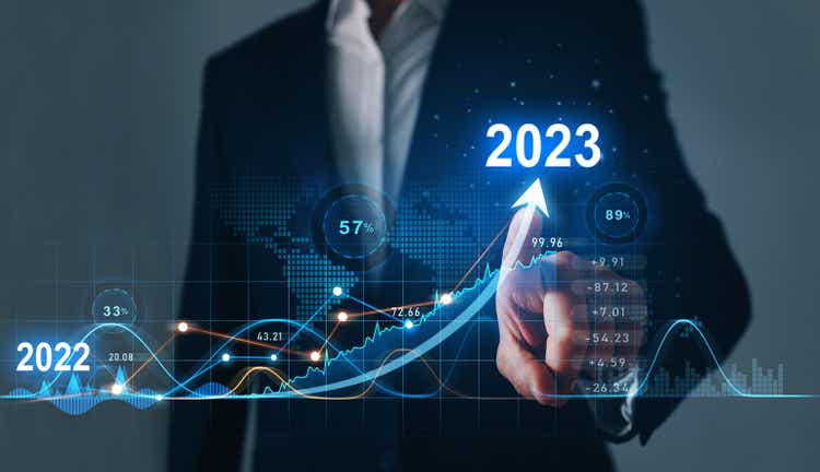 Businessman draws summation arrow chart firm early maturation twelvemonth 2022 to 2023. Planning,opportunity, situation and business strategy. New Goals, Plans and Visions for Next Year 2023.