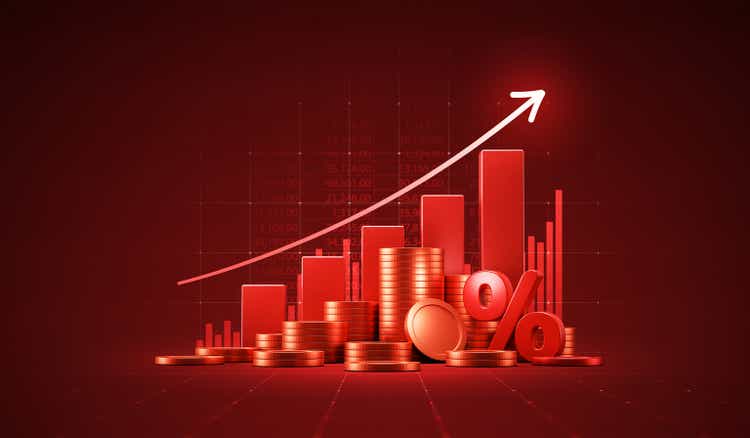 Financial crisis business market graph on economic background with growth money price arrow inflation 3d gold coin percent or crash global finance chart and economy stock currency risk trade diagram.