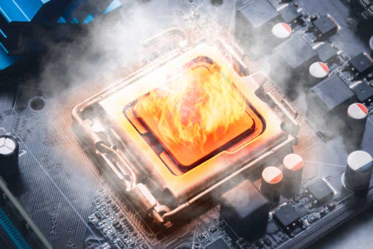 Flames ignite the computer processors on the motherboard