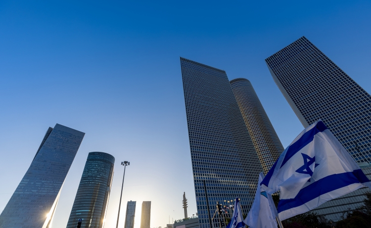 Israel, Tel Aviv financial business district skyline with shopping malls and high tech offices