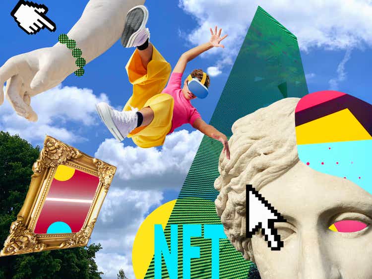 Collage of woman falling through the metaverse