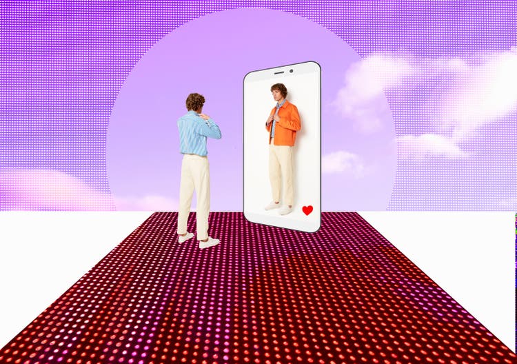 Man and his avatar trying on clothing in the meta verse