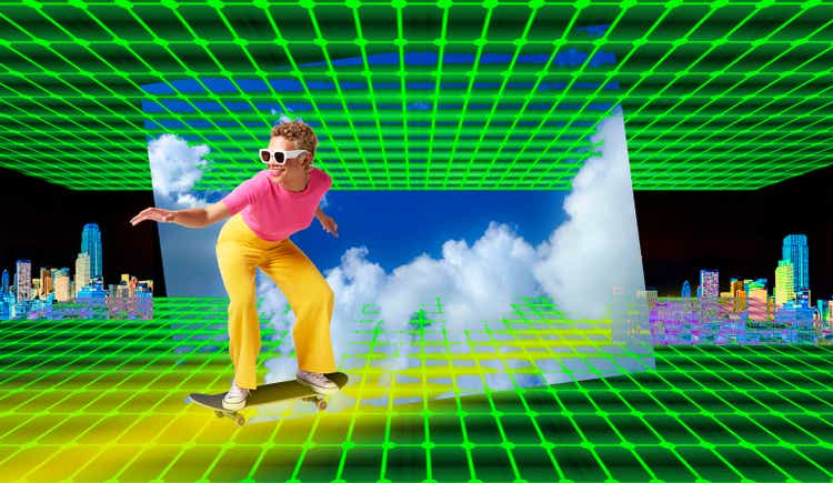 Woman gliding through metaverse on skateboard