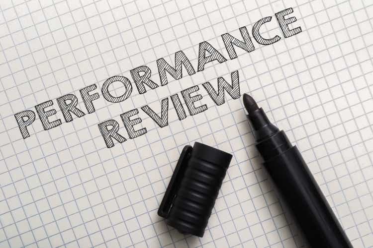 Words Performance Review and open marker on checkered paper