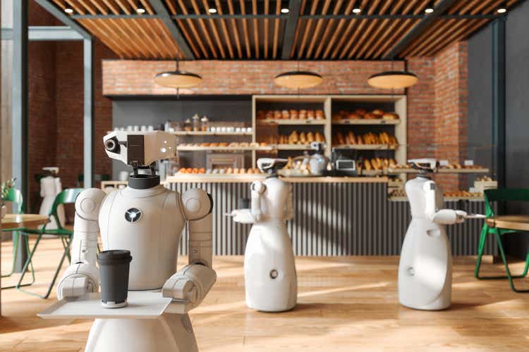 Robot Waiters Serving Food And Drink In Bakery Shop