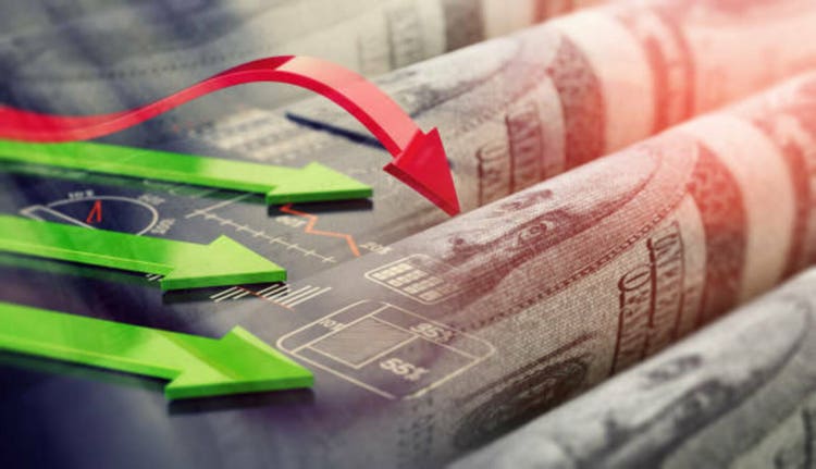Economic crisis, recession in United States of America symbol with downward development arrow. US dollar bill inflation 3D metaphor background.