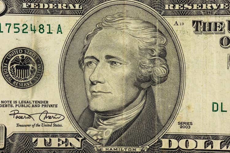 President Hamilton face on the ten dollar bill.