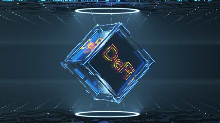 DeFi decentralized finance on a dark blue abstract cube.  Blockchain concept, decentralized financial system.  3D rendering